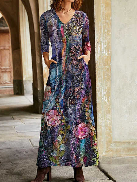 Loosen V Neck Casual Floral Fall Dress