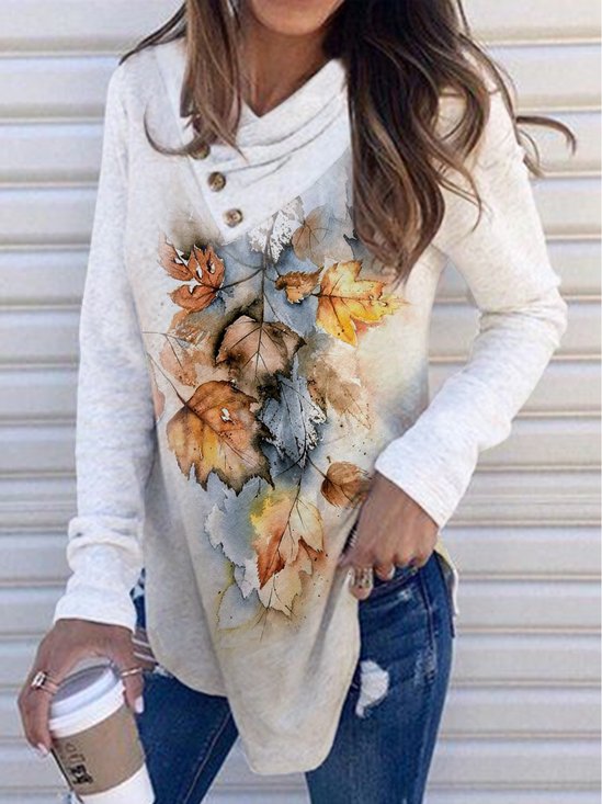 Casual Cowl Neck Plants Long Sleeve Top