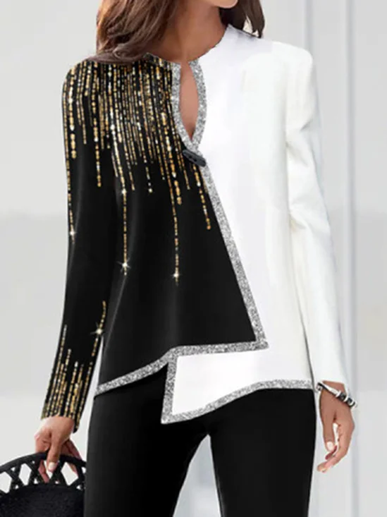 Party V Neck Color Block Loosen Long Sleeve Top