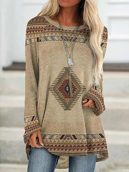 Geometric Casual Cotton Blends Long Sleeve Top