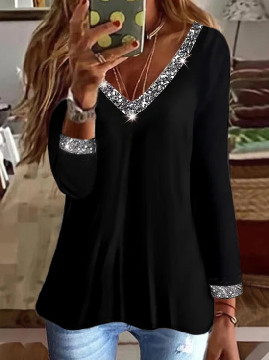 Casual Regular Fit V Neck Cotton Blends Long Sleeve Top