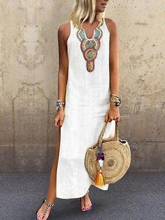 Simple Tribal V Neck Linen Boho Dress