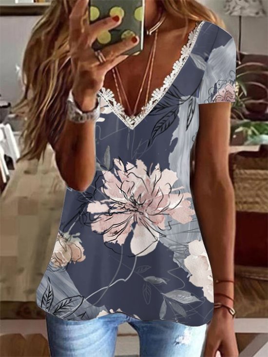V Neck Regular Fit Casual Floral T-shirt