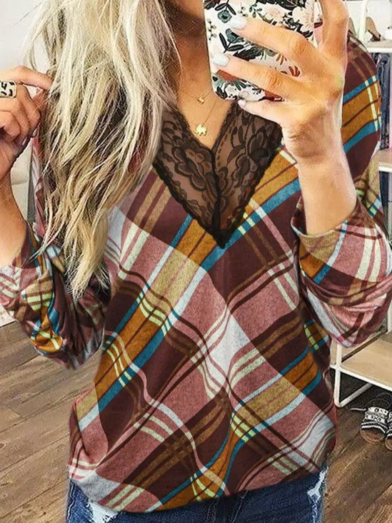 Lace Regular Fit Checked/plaid Vintage Long Sleeve Top