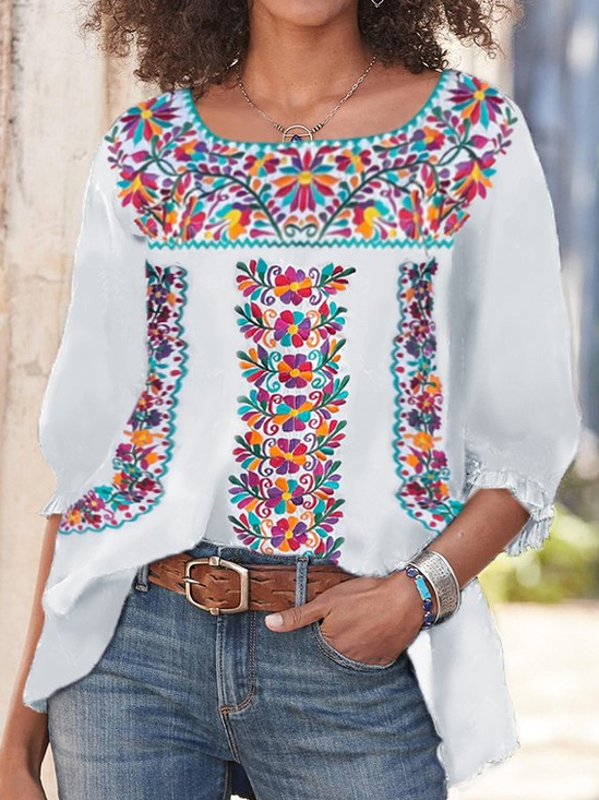 Cotton Blends Scoop Neckline Boho Floral T-shirt