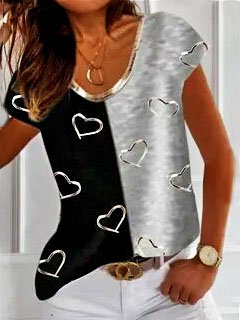 Jersey V Neck Geometric Loosen Shirt Sleeve T-shirt