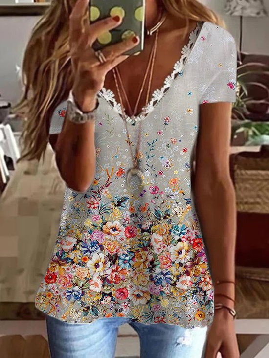 Cotton Blends Loosen Floral V Neck T-shirt