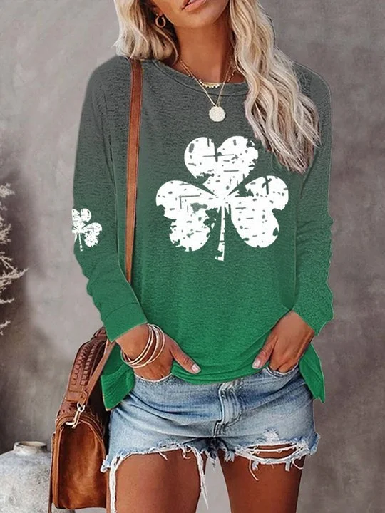 Casual Crew Neck Shamrock Long Sleeve Top