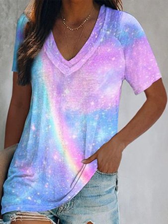 Cotton Blends V Neck Loosen Ombre T-shirt