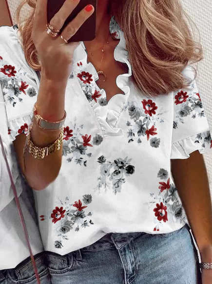 V Neck Casual Floral Loosen T-shirt