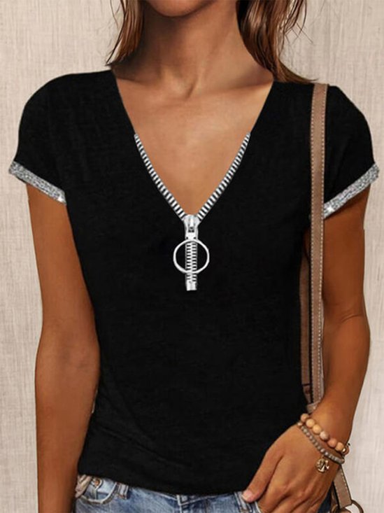 V Neck Casual Plain Jersey T-shirt