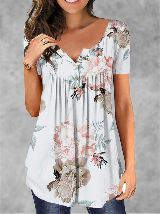 V Neck Buttoned Casual Regular Fit T-shirt