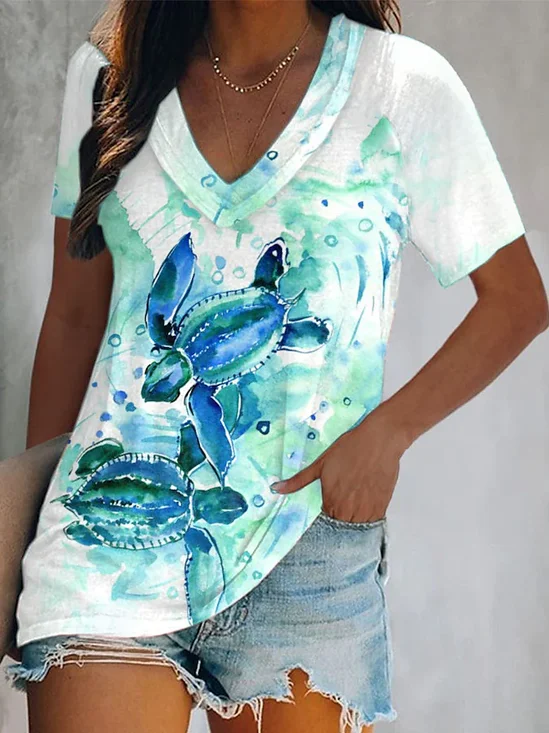 V Neck Casual Animal Regular Fit T-shirt