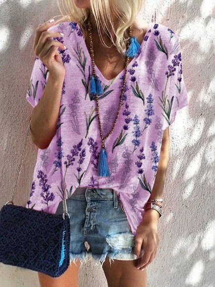 Shirt Sleeve Casual V Neck Cotton Blends Loosen T-shirt