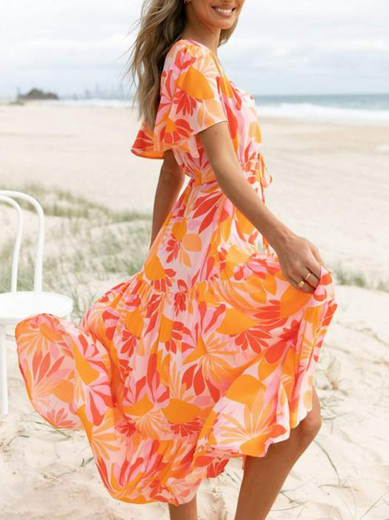 Regular Fit Floral V Neck Floral Dress