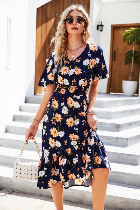 V Neck Vacation Cotton Floral Dress