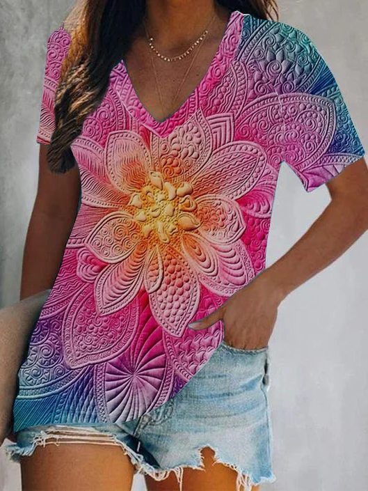 Regular Fit Cotton Blends Floral V Neck T-shirt