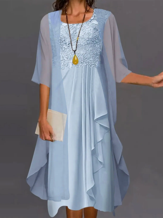 Regular Fit Lace Round Neck Solid Casual Dress