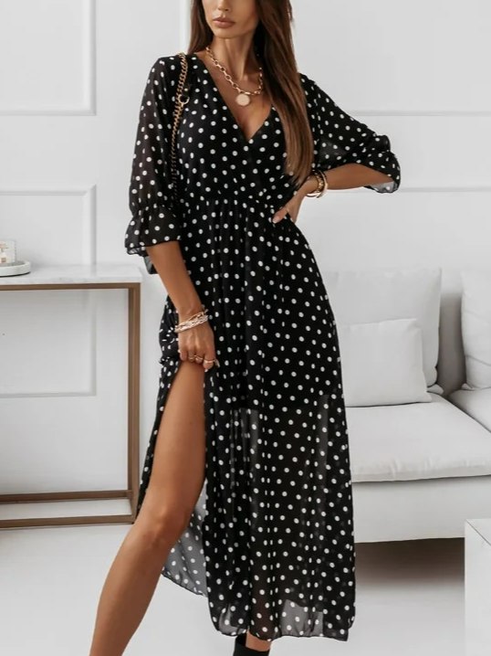 Loosen V Neck Polka Dots Dress