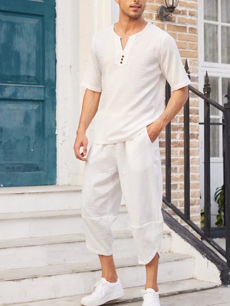 Cotton And Linen V Neck Suit Set