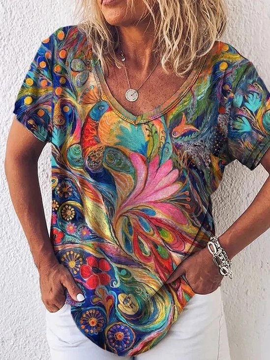 V Neck Cotton Blends Casual Regular Fit T-shirt