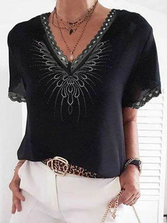 V Neck Jersey Casual Geometric T-shirt