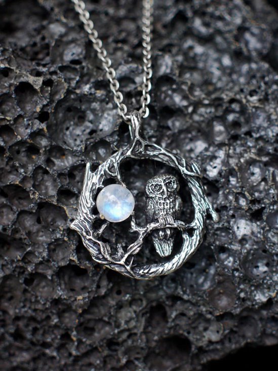 Vintage Alloy Moonstone Owl Necklace