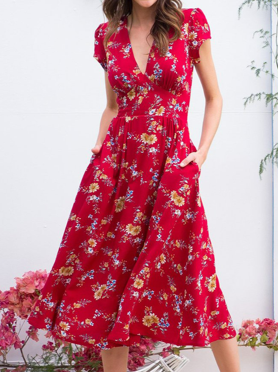 Floral Deep V Casual Cotton Blends Summer Dress