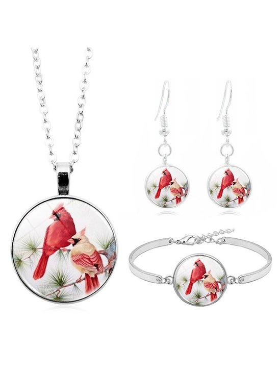 Red Bird Jewel Necklace Earring Bracelet Set