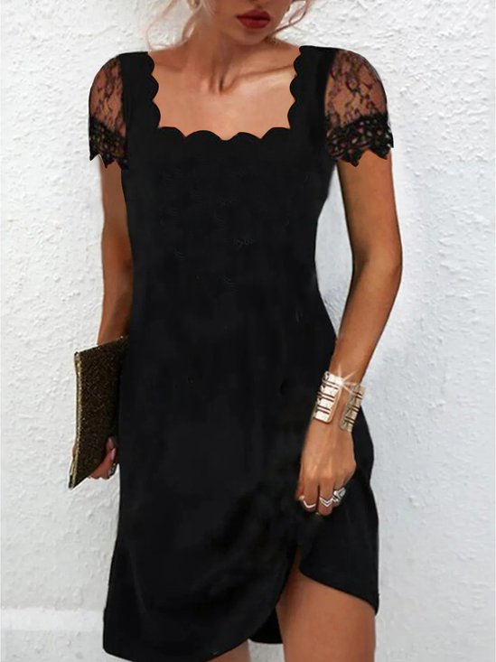 Regular Fit Plain Lace Square Neck Dress