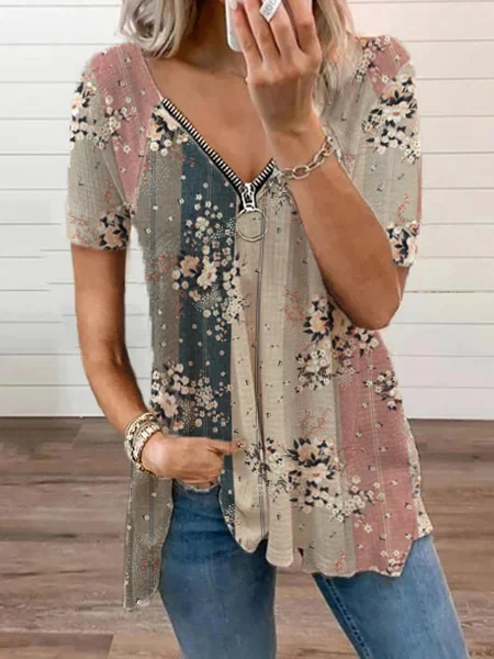 Casual V Neck Floral Raglan Sleeve Jersey Shirt & Blouses