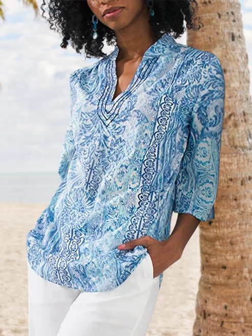 V Neck Casual Cotton Blends Tribal Shirt & Blouses