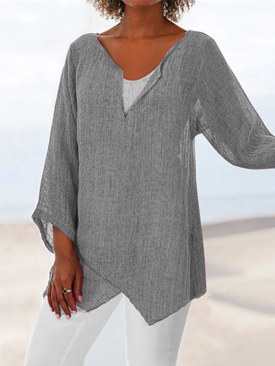 Loosen Solid U-Neck Shirt & Blouses