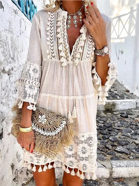 Plain Notched Regular Fit Boho Dress