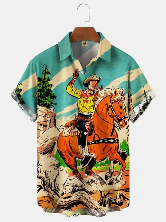 Animal Shirt Collar Short Sleeve Pockets Shirt ＆ Blouse
