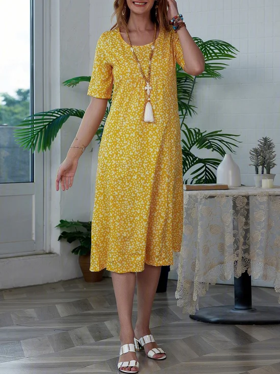 Crew Neck Printed Loosen Polyester Fibre Floral Dress
