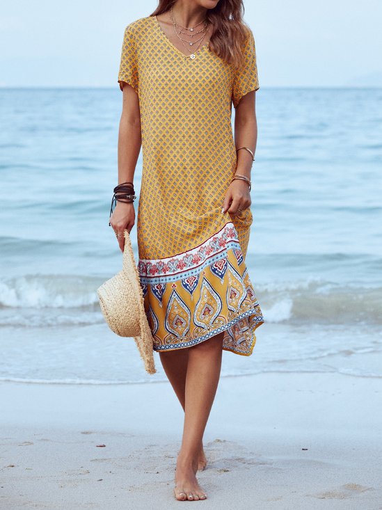 V Neck Tribal Cotton Boho Dress