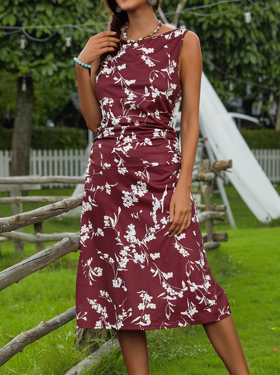 Regular Fit Cotton Blends Elegant Round Neck Floral Dress
