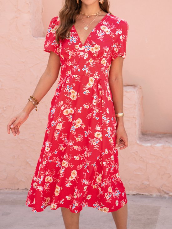 V Neck Casual Cotton Blends Loosen Floral Dress