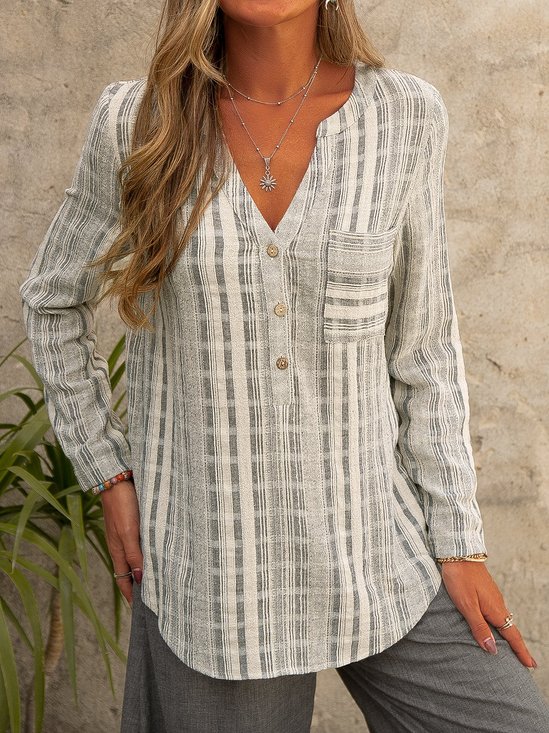 Loosen Cotton Striped Casual Shirt & Blouses