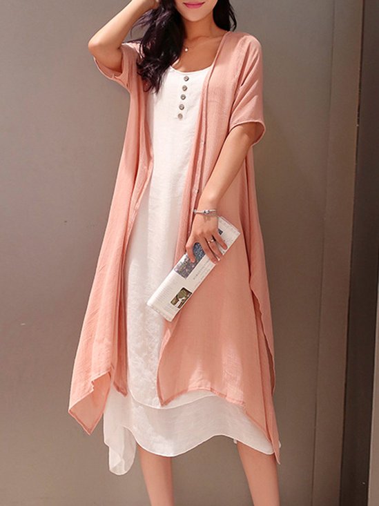 Casual Solid Buttoned Round Neck Half Sleeve Casual Dress