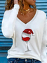Casual Cartoon Regular Fit V Neck Long Sleeve Top