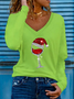 Casual Cartoon Regular Fit V Neck Long Sleeve Top