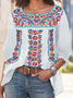 Cotton Blends Scoop Neckline Boho Floral T-shirt