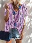 Shirt Sleeve Casual V Neck Cotton Blends Loosen T-shirt
