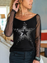 Regular Fit Geometric V Neck Cotton Long Sleeve Top