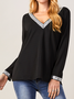 Casual Regular Fit V Neck Cotton Blends Long Sleeve Top
