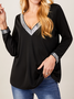 Casual Regular Fit V Neck Cotton Blends Long Sleeve Top