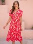 V Neck Casual Cotton Blends Loosen Floral Dress