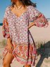 Loosen Printed V Neck Boho Dress